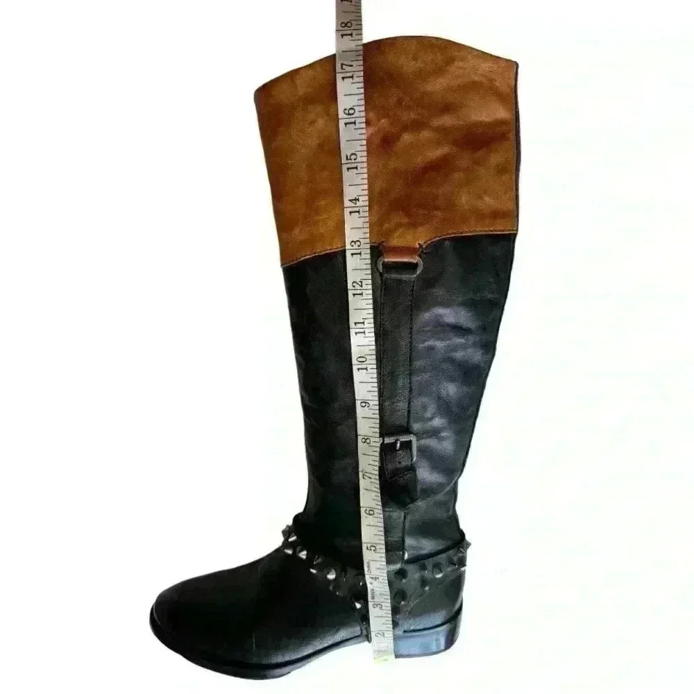 SAM EDELMAN tall leather spiked moto riding boots - black + tan - women 7 medium - Picture 11 of 16